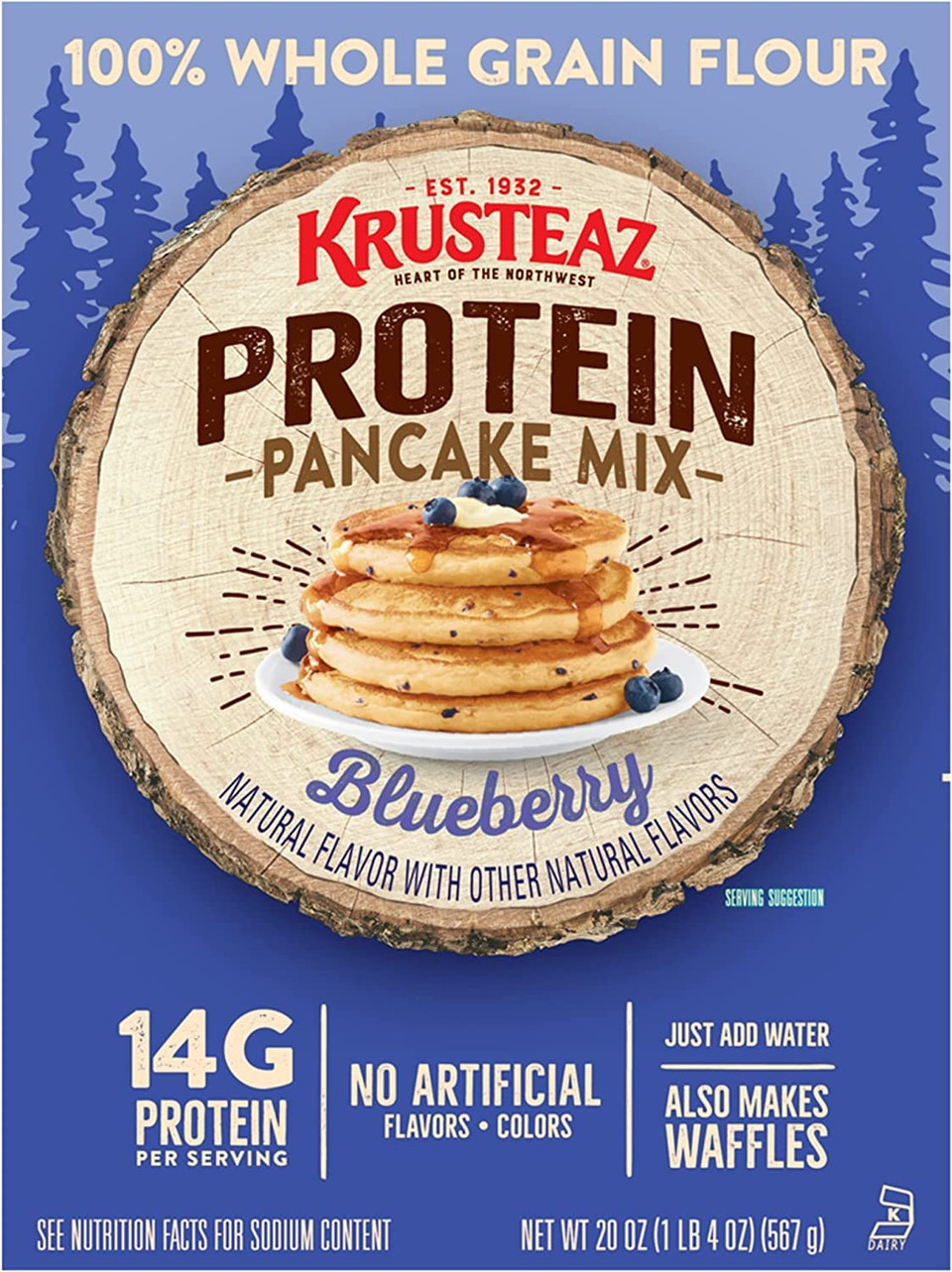Krusteaz Protein Blueberry Pancake Mix, 20 Ounce (Pack Of 8)