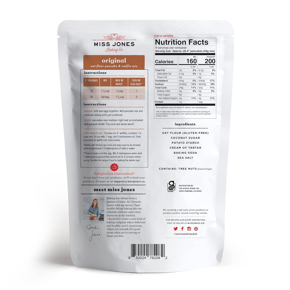 Miss Jones Baking Original Oat Pancake And Waffle Mix - Made With Oat Flour, Gluten Free, 10G Of Protein, 100% Whole Grains,13.99 Ounce (Pack Of 1)