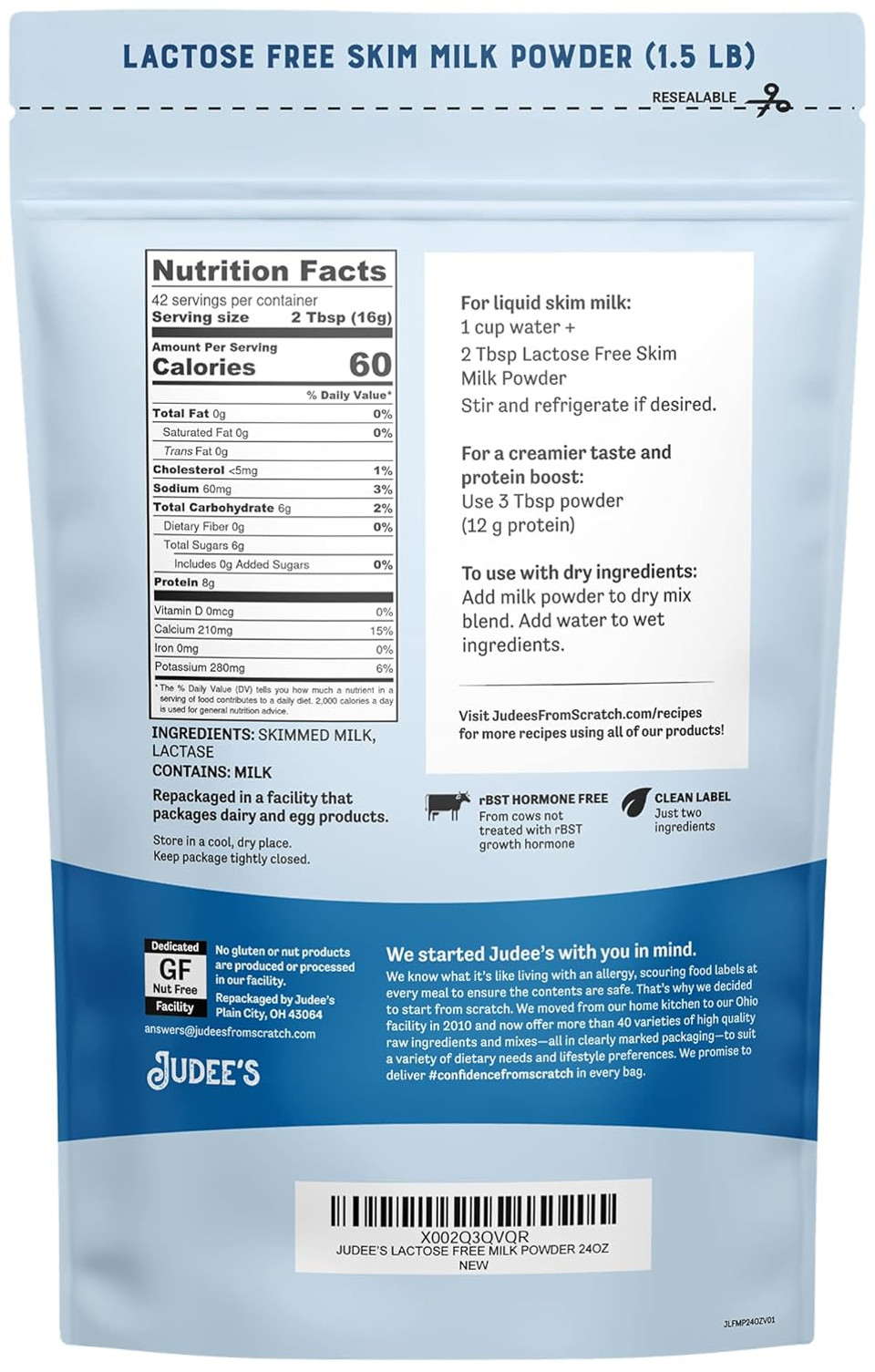 Judeeã¢ÂS Lactose Free Skim Milk Powder 1.5 Lb (24 Oz) - 100% Non-Gmo And Rbst Hormone-Free - Low Carb - Gluten-Free And Nut-Free - Made From Real Dairy - Great For Reconstituting And Baking