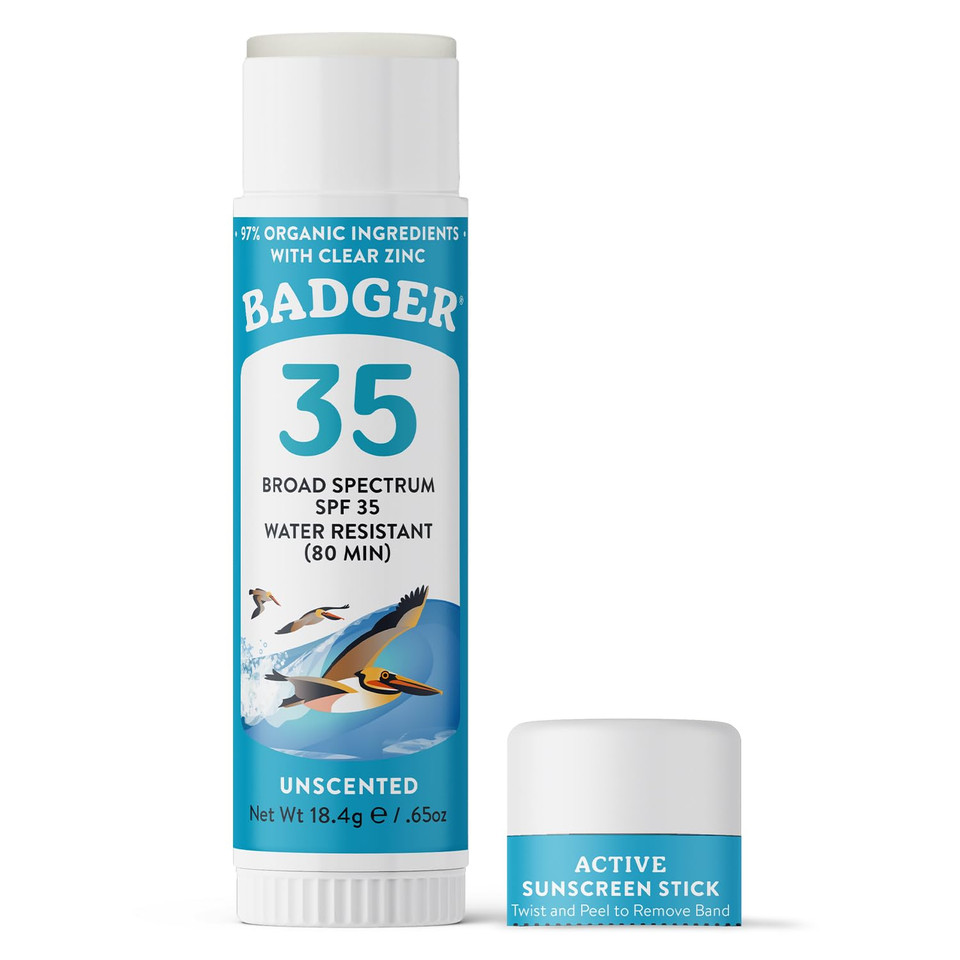 Badger Face Sunscreen Stick SPF 35 with Mineral Zinc Oxide, Travel Size Sunscreen, 97% Organic Ingredients, Reef Friendly SPF Stick Sunscreen for Face, Unscented, 0.65 oz0.65 Ounce (Pack of 1)