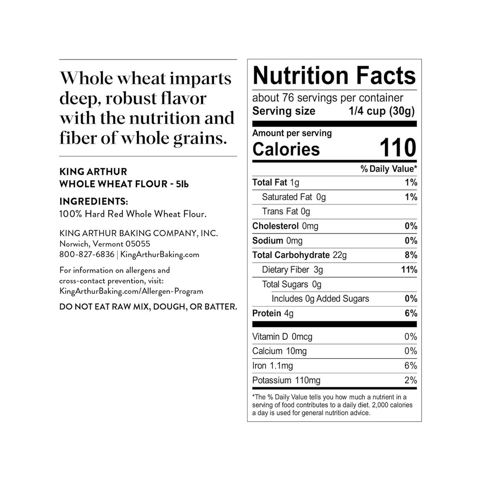 King Arthur, 100% Whole Wheat Flour, 100% Whole Grain, Non-Gmo Project Verified, Certified Kosher, 5 Pounds