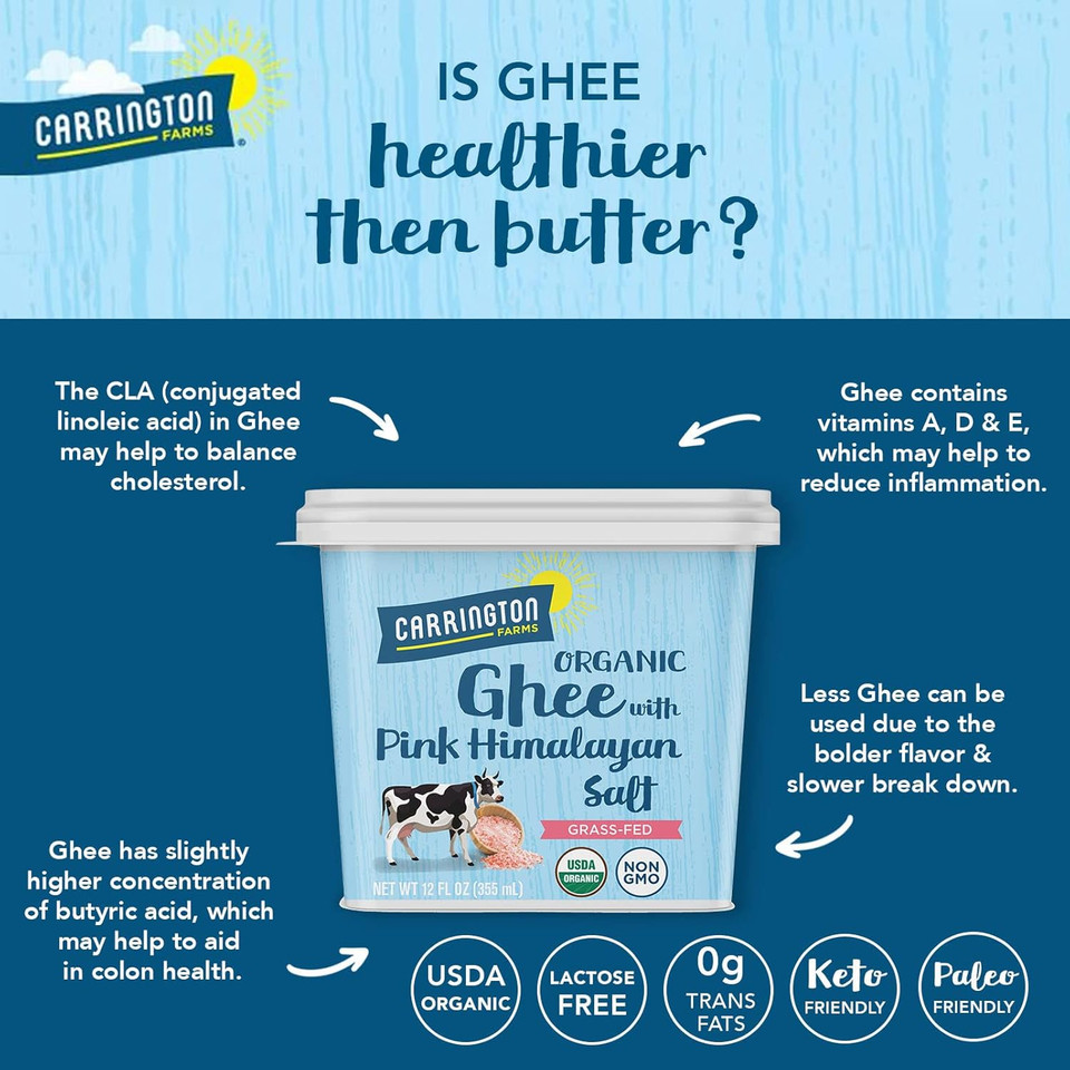 Usda Certified Organic Grass Fed Ghee With Himalayan Salt, 12Oz, Carrington Farms Usda Certified Organic Grass Fed Ghee With Himalayan Salt, 12Oz, Carrington Farms