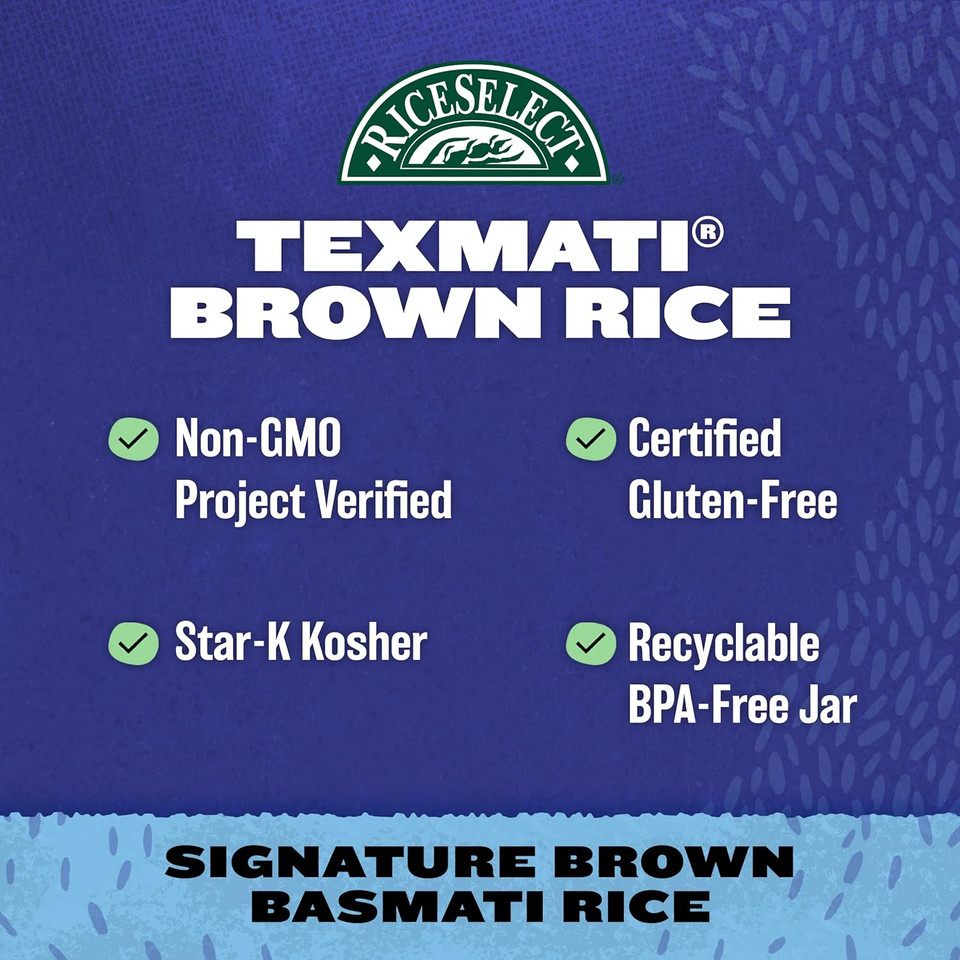 Riceselect Texmati Brown Rice, Whole-Grain Basmati Rice, Premium Gluten-Free Rice, Non-Gmo, Star-K Kosher, 32-Ounce Jar