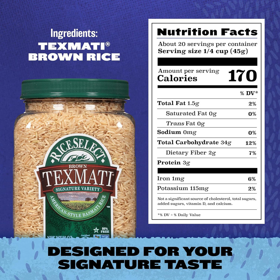 Riceselect Texmati Brown Rice, Whole-Grain Basmati Rice, Premium Gluten-Free Rice, Non-Gmo, Star-K Kosher, 32-Ounce Jar