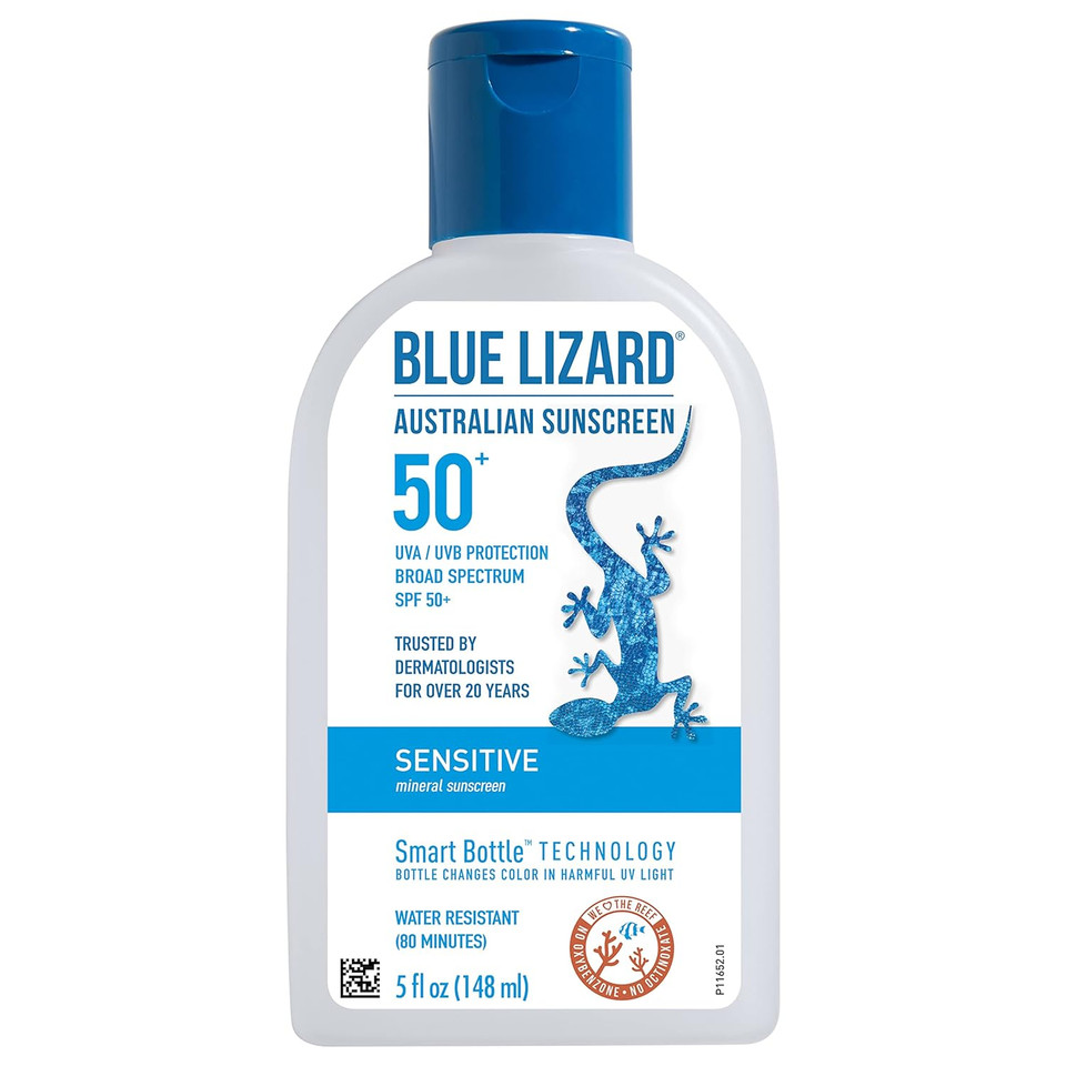 BLUE LIZARD Sensitive Mineral Sunscreen with Zinc Oxide, SPF 50+, Water Resistant, UVA/UVB Protection with Smart Bottle Technology - Fragrance Free, 5 oz5 Fl Oz (Pack of 1)