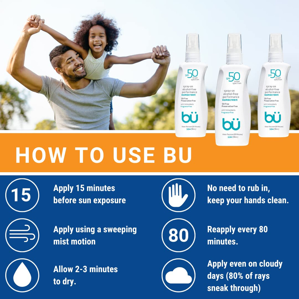 Bu SPF 50 Sunscreen Spray - Clear, Oil Free, Vegan, Organic, Non Comedogenic, Hypoallergenic. Sweat & Water-Resistant. Travel Size Sunscreen Spray for Sport, Scalp, Sensitive Skin3.3 Ounce (Pack of 1)