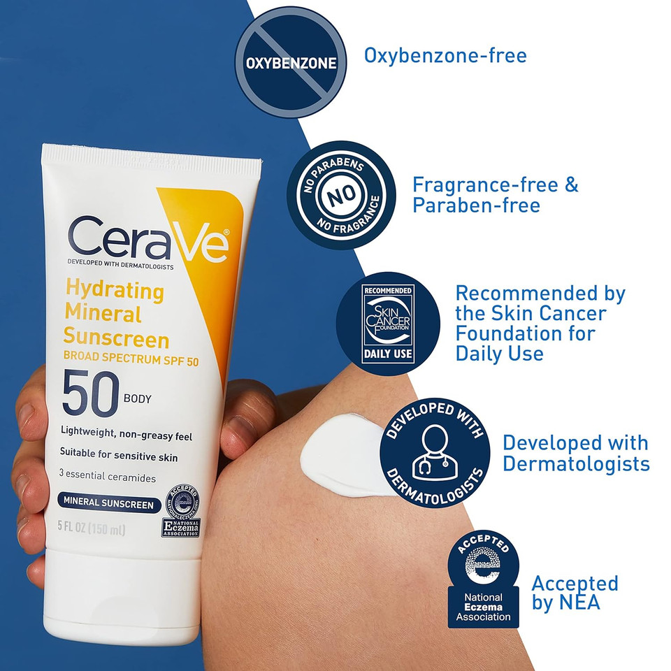 Cerave 100% Mineral Sunscreen Spf 50 | Body Sunscreen With Zinc Oxide & Titanium Dioxide For Sensitive Skin | With Hyaluronic Acid And Ceramides | 5 Oz