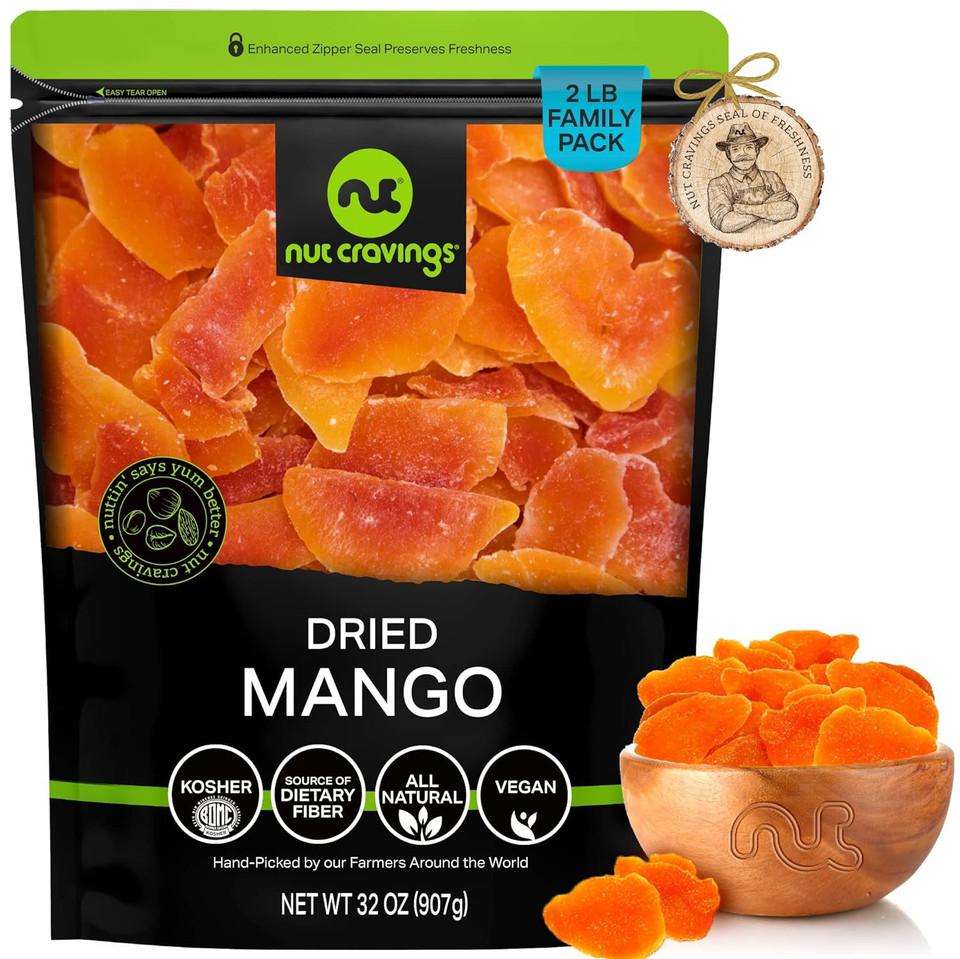 Nut Cravings Dry Fruits - Sun Dried Mango Slices, With Sugar Added (32Oz - 2 Lb) Packed Fresh In Resealable Bag - Sweet Snack, Healthy Food, All Natural, Vegan, Kosher Certified