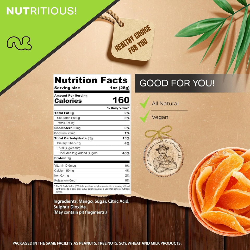 Nut Cravings Dry Fruits - Sun Dried Mango Slices, With Sugar Added (32Oz - 2 Lb) Packed Fresh In Resealable Bag - Sweet Snack, Healthy Food, All Natural, Vegan, Kosher Certified