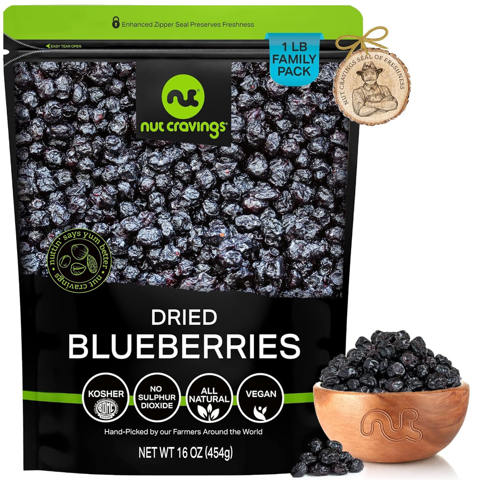 Nut Cravings Dry Fruits - Sun Dried Blueberries, Lightly Sweetened (16oz - 1 LB) Packed Fresh in Resealable Bag - Sweet Snack, Healthy Food, All Natural, Vegan, Kosher Certified