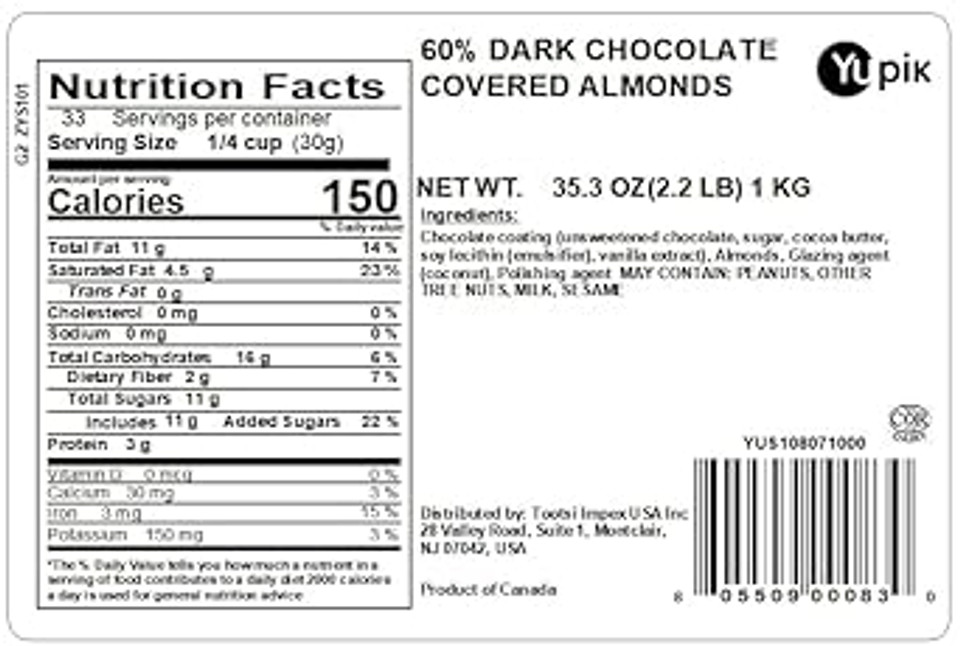 Yupik 60% Dark Chocolate Covered Almonds, 2.2 lb