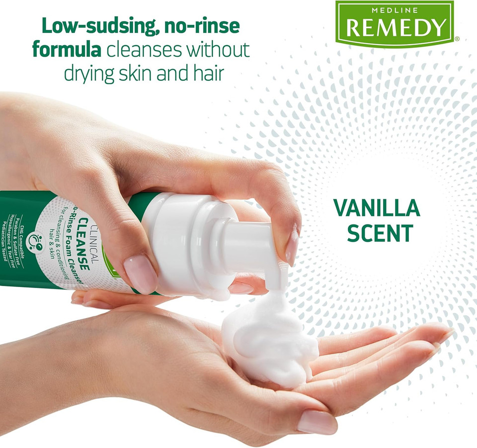 Medline Remedy Clinical No-Rinse Foam Cleanser, Vanilla Scent (4 Fl Oz), 24 Count, No Rinse Shampoo And Body Cleanser For Sensitive Skin, Paraben And Sulfate Free, For Face, Body, And Hair, All Ages Medline Remedy Clinical No-Rinse Foam Cleanser, Vanilla Scent (4 Fl Oz), 24 Count, No Rinse Shampoo And Body Cleanser For Sensitive Skin, Paraben And Sulfate Free, For Face, Body, And Hair, All Ages