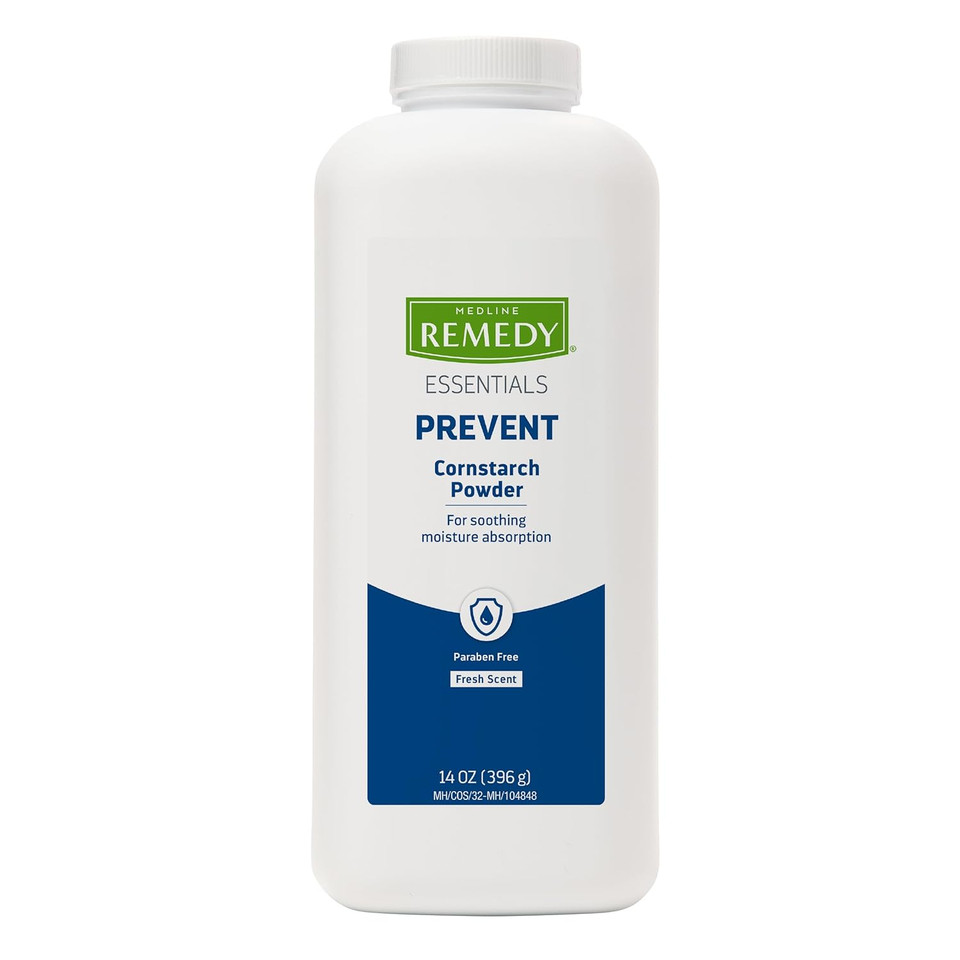 Medline Remedy Essentials Cornstarch Powder (14 Oz Bottle), Fresh Scent, Talc Free, Shaker Top, Skin Care, Absorbs Sweat, Soothes, Reduces Friction & Chafing, For Adults, Feet, Groin