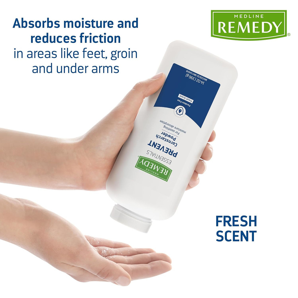 Medline Remedy Essentials Cornstarch Powder (14 Oz Bottle), Fresh Scent, Talc Free, Shaker Top, Skin Care, Absorbs Sweat, Soothes, Reduces Friction & Chafing, For Adults, Feet, Groin