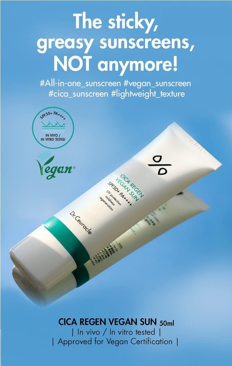 Dr.Ceuracle Cica Regen Vegan Sun 1.69Fl.Oz | Lightweight Texture Sunscreen, Cica Sunscreen, Vegan Sunscreen