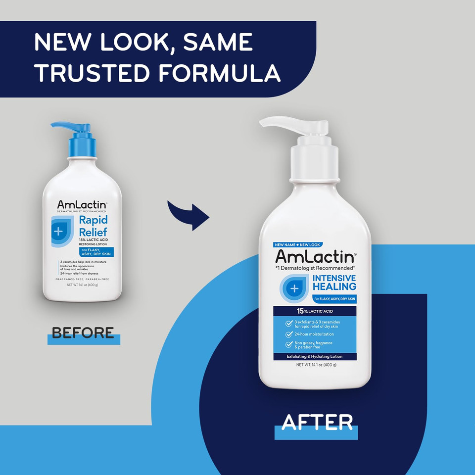 Amlactin Intensive Healing Body Lotion For Dry Skin  14.1 Oz Pump Bottle  2-In-1 Exfoliator & Moisturizer With Ceramides & 15% Lactic Acid For Relief From Dry Skin (Packaging May Vary)