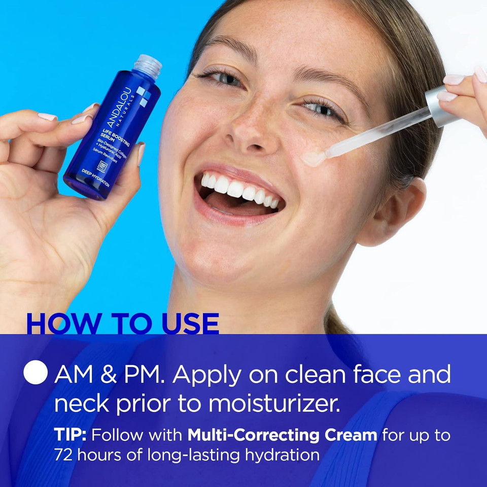 Andalou Naturals Collagen + Hyaluronic Acid Serum For Face, Deep Hydration Life Boosting Face Serum, Helps Improve Skin Elasticity, Day & Night Hydrating Serum, 1 Fl. Oz