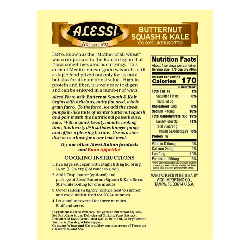 Alessi Autentico, Premium Seasoned Roman Grain Farro, Cooks Like Risotto, Heart Healthy, Easy To Prepare, 7Oz (Butternut Squash & Kale, Pack Of 6)