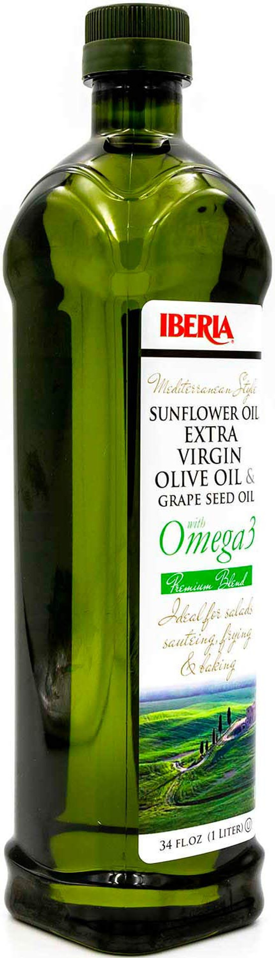 Iberia Mediterranean Style Omega 3 Cooking Oil, 34 Fl Oz, Blend Of Extra Virgin Olive Oil, Grapeseed Oil, Sunflower Oil And Fish Oil (1 Liter)