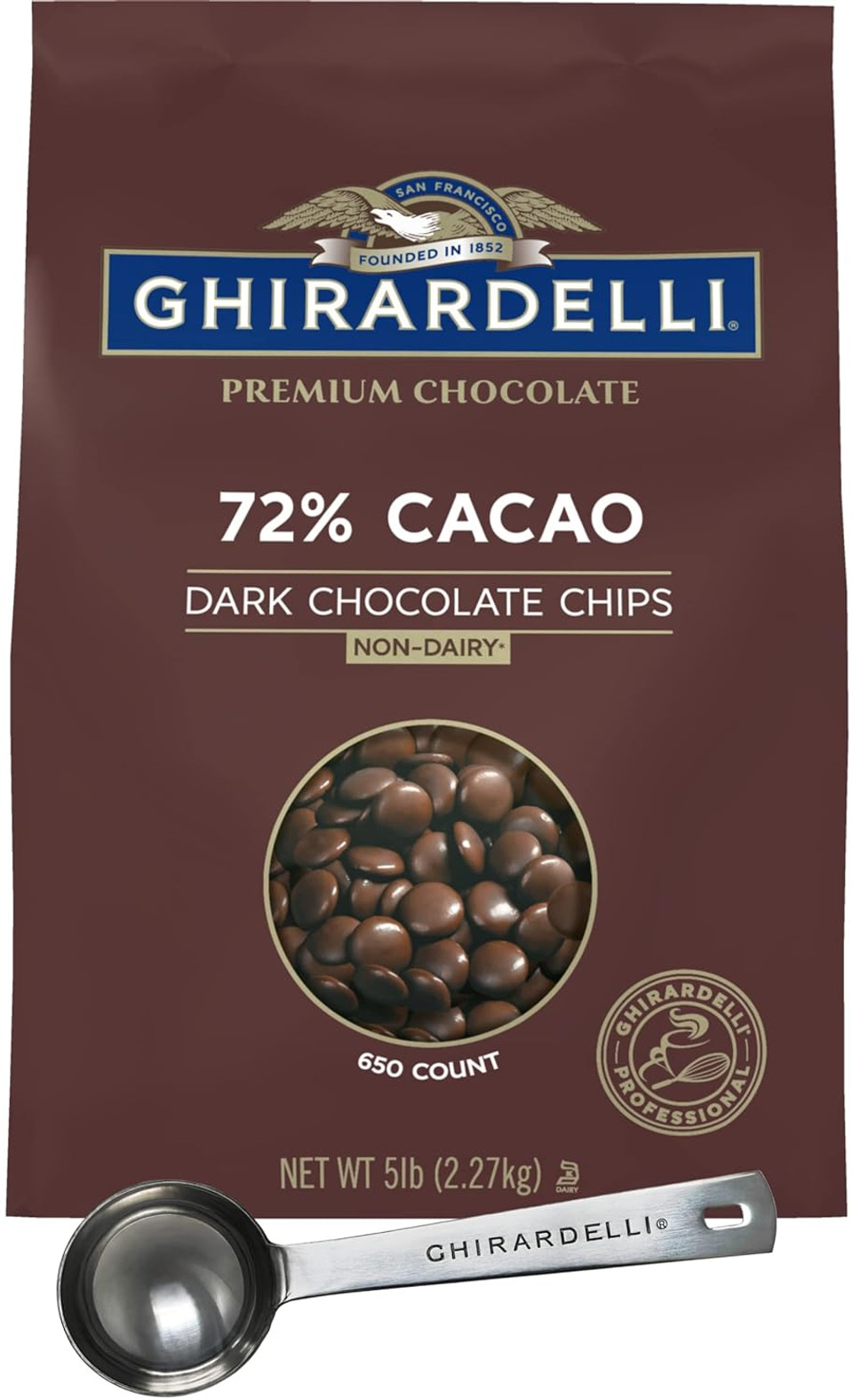 Ghirardelli 72% Cacao Chocolate Chips, 5Lb Bag With Ghirardelli Stamped Barista Spoon
