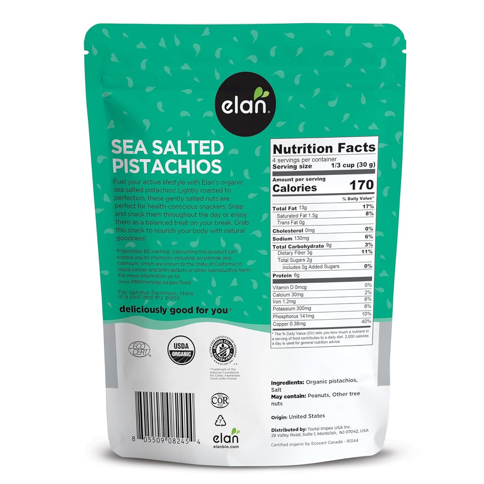 Elan Organic Sea Salted Pistachios, 5.1 Oz, In Shell, Salted With Sea Salt, Lightly Roasted, Naturally Open, Non-Gmo, Vegan, Gluten-Free, Kosher, Healthy Snacks