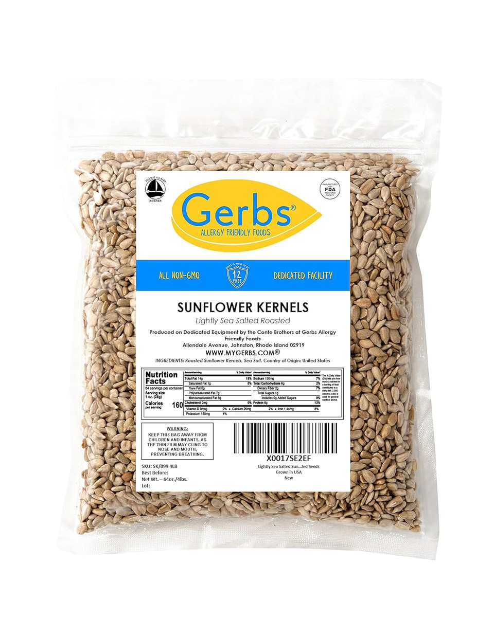 Lightly Sea Salted Sunflower Seed Kernels by Gerbs - 4 LBS - Top 11 Food Allergen Free & Non GMO - Premium Dry Roasted Seeds  COG USA