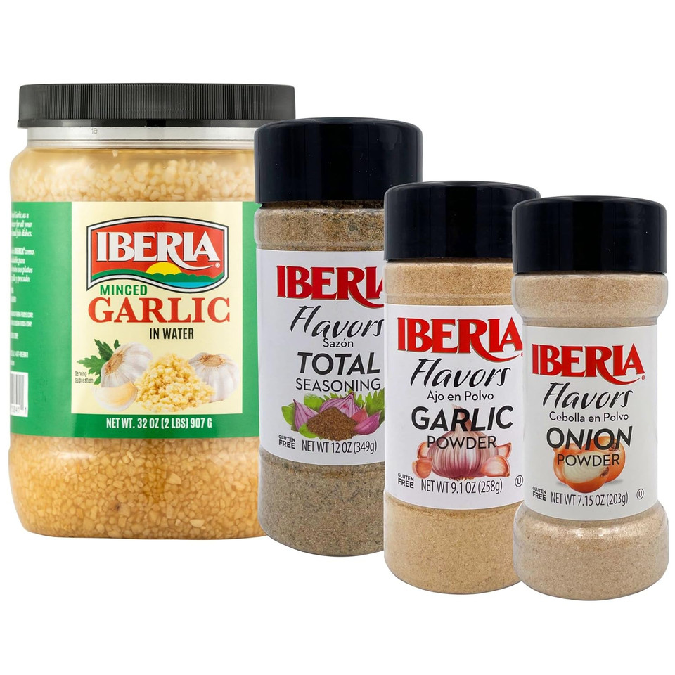 Iberia Spice Bundle: Onion Powder 7.5Oz, Total Seasoning 12Oz, Garlic Powder 9.1 Oz, Minced Garlic 32 Oz