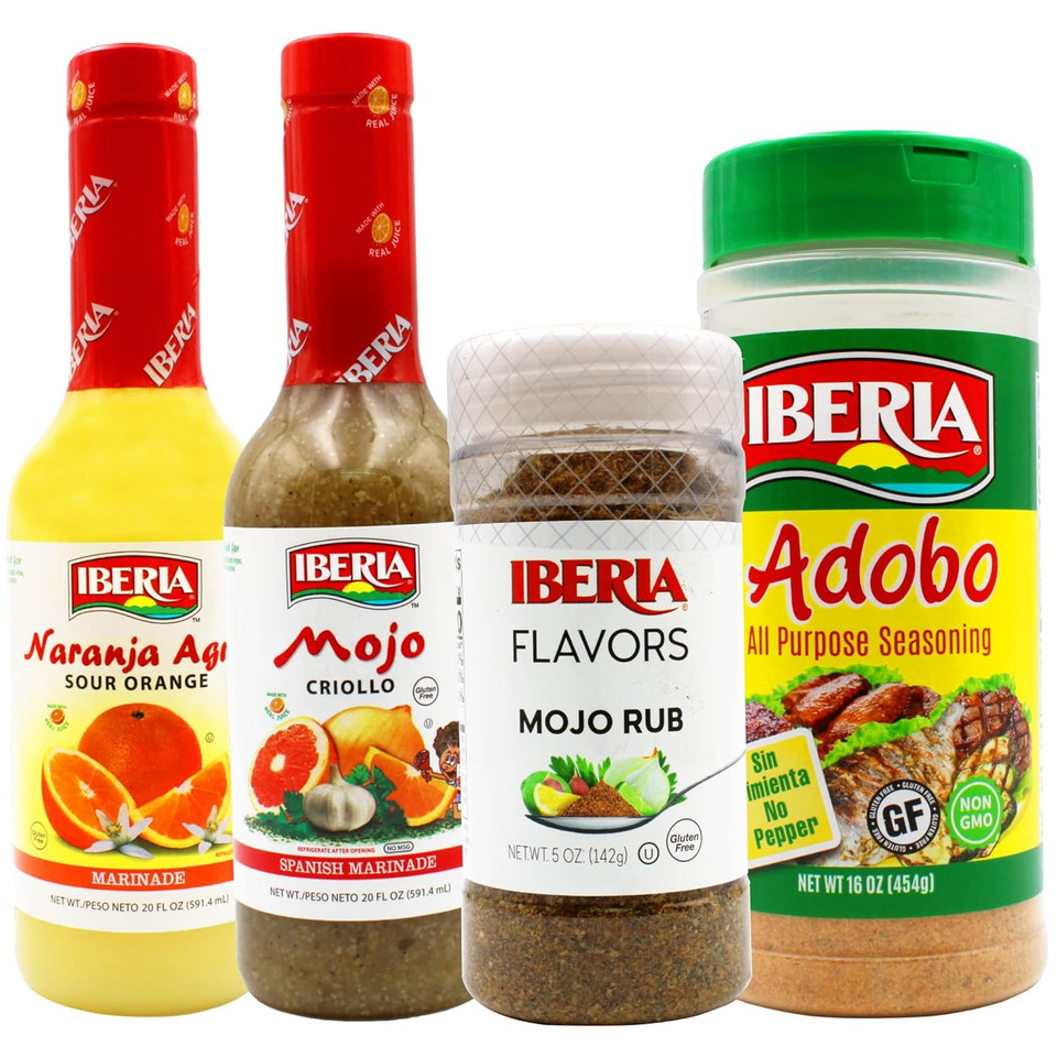 Iberia Mojo Criollo Spanish Marinating Sauce 20 Fl Oz. + Iberia Naranja Agria, 20 Ounce + Iberia Mojo Rub, 5 Oz + Iberia Adobo All Purpose Seasoning, Without Pepper, 16 Oz
