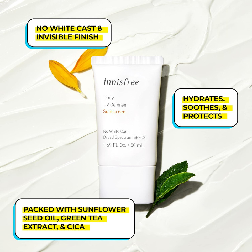 Innisfree Daily UV Defense Broad Spectrum SPF 36 invisible sunscreen: Hydrating, Soothing, No white-cast, TSA Friendly