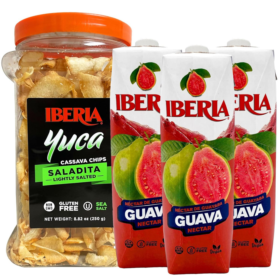 Iberia Yuca/Cassava Chips, 8.8 Oz + Iberia Guava Nectar 33.8 Ounce (Pack Of 3)