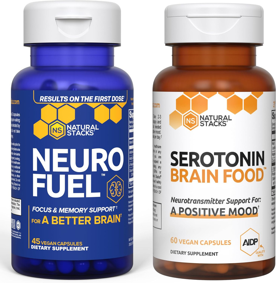 Natural Stacks Neurofuel Nootropic & Serotonin Brain Food Bundle - Promotes A Positive Mood & Focus - 105 Capsules