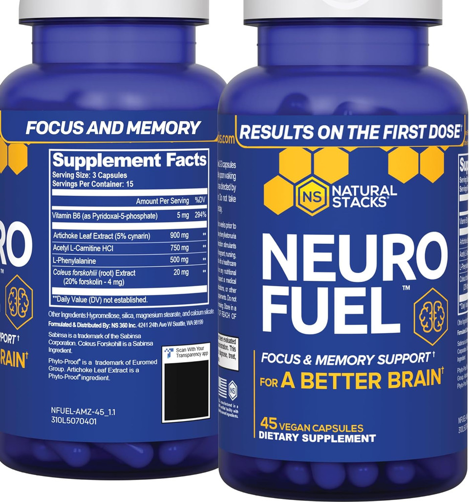 Natural Stacks Neurofuel Nootropic & Serotonin Brain Food Bundle - Promotes A Positive Mood & Focus - 105 Capsules
