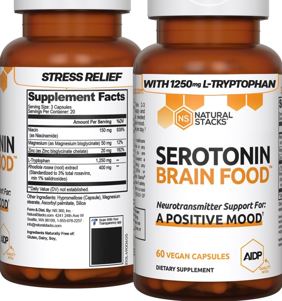 Natural Stacks Neurofuel Nootropic & Serotonin Brain Food Bundle - Promotes A Positive Mood & Focus - 105 Capsules