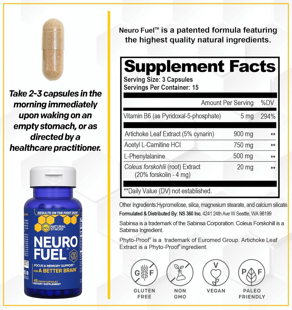 Natural Stacks Neurofuel Nootropic & Serotonin Brain Food Bundle - Promotes A Positive Mood & Focus - 105 Capsules