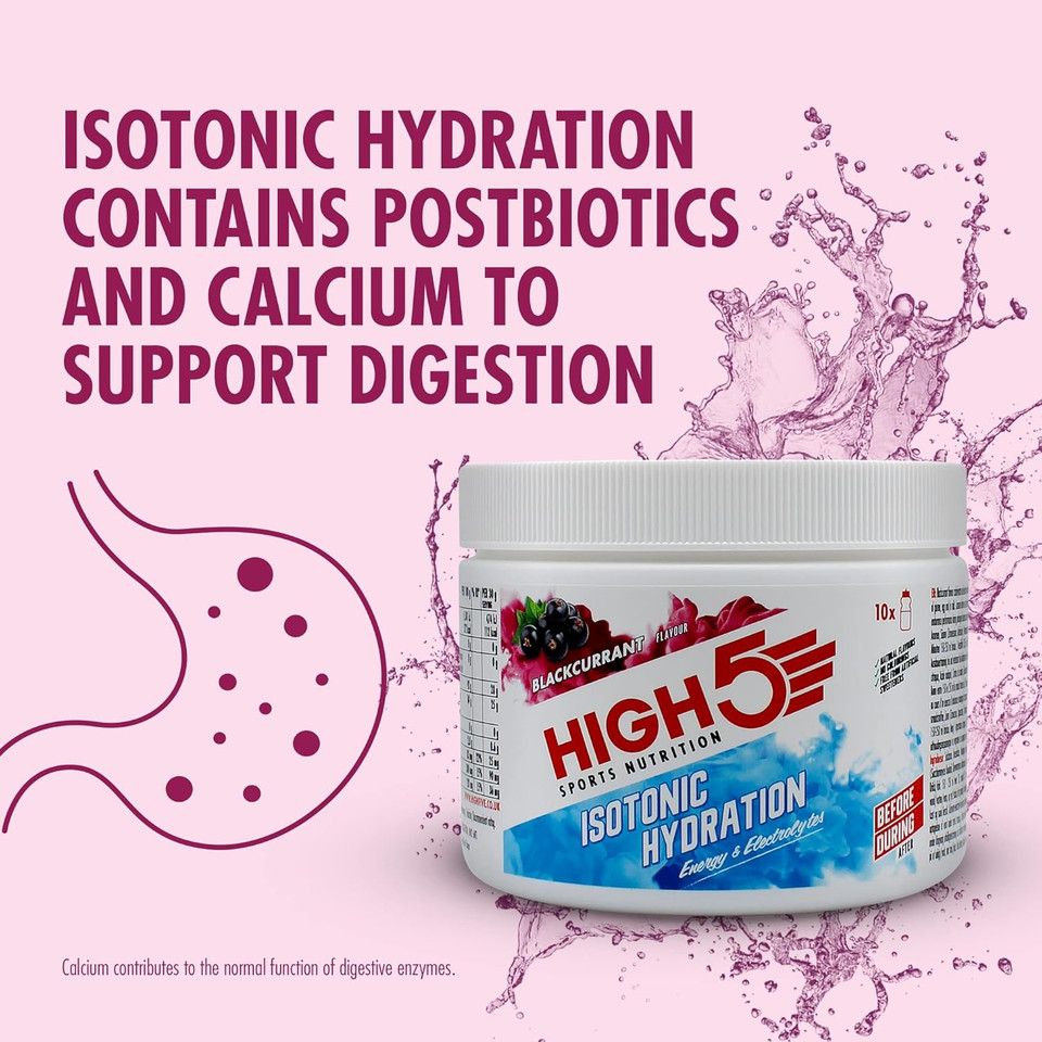 HIGH5 Hydration Energy Drink Powder | Isotonic Electrolyte Hydration | 28 g Carbs | 25mg Magnesium | Added Postbiotics | Zero Fat | (Blackcurrant, 300g)