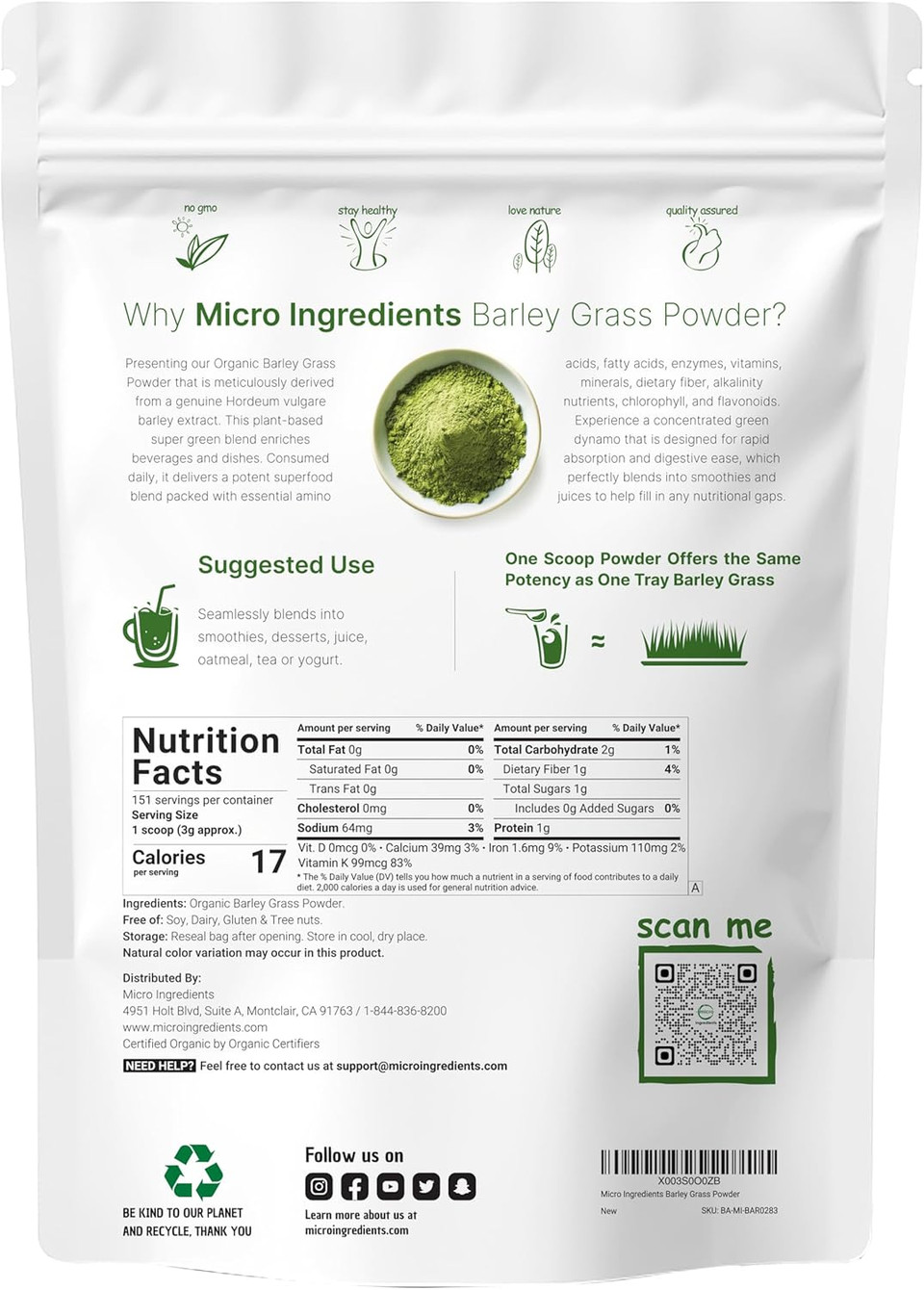 Micro Ingredients Organic Barley Grass Juice Powder, 10 Ounce, Cold Pressed, Us Grown, Rich In Immune Vitamin, Fibers, Minerals, Antioxidants And Protein, Support Immune System And Digestion, Vegan