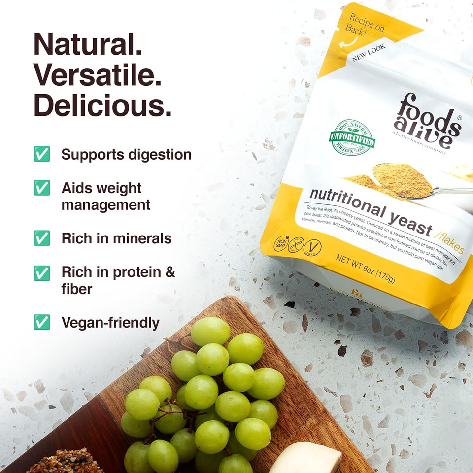 Foods Alive | Non-Fortified Premium Nutritional Yeast Flakes | 2 Lbs | Unfortified Vegan Cheese Powder Seasoning