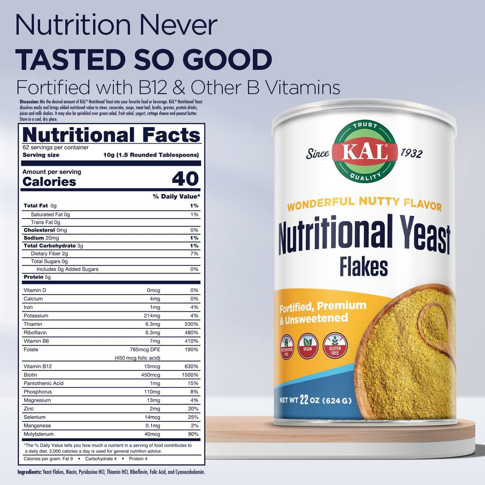 Kal Nutritional Yeast Flakes, Fortified With B12, Folic Acid & Other B Vitamins, Unsweetened, Great Nutty Flavor, Vegan & Gluten Free, 60-Day Money Back Guarantee, Made In The Usa, 34 Servings, 12Oz