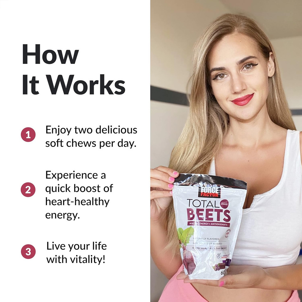 Force Factor Total Beets Soft Chews With Beetroot, Nitrates, L-Citrulline, Grapeseed Extract, And Antioxidants, Healthy Energy Supplement With Elite Ingredients, Heart Health Superfood, 60 Chews