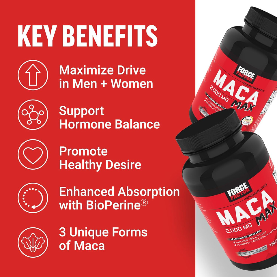 Force Factor Black Maca Root Vitality Supplement For Men With Superior Absorption And Power, Natural Maca Negra Extract, Fundamentals Series, 1000Mg, 60 Capsules