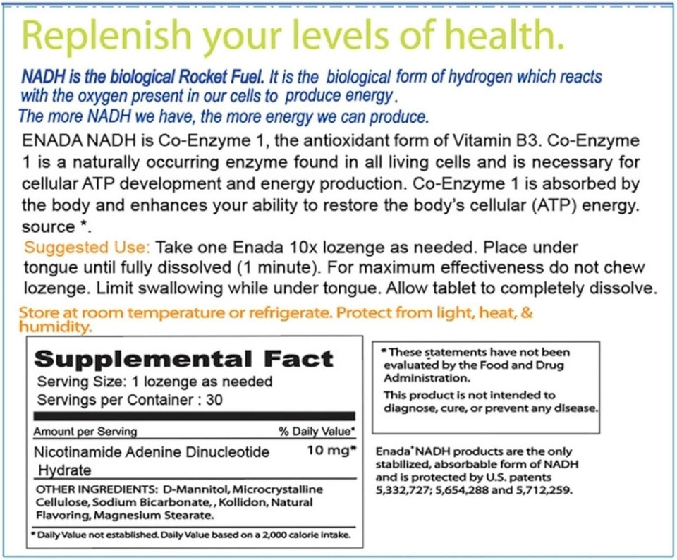 Enada 10X Nadh Supplement With Fast Acting Formula For Active Lifestyle | Natural Energy Booster Great For Jet Lag, Athletic Performance & Studying | Improves Stamina And Mental Clarity | 30 Lozenge