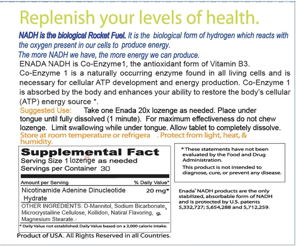 Enada 20 X Nadh Supplement | Boost Energy, Mental Focus, Stamina | Support Fatigue, Cell Regenerator | 20Mg Nadh 30 Lozenges (1 Per Serving) | Natural Energy Supplements For Women And Men