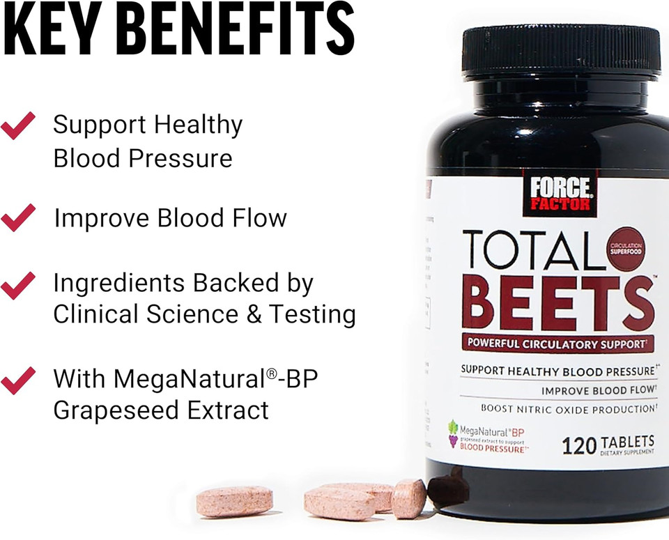Force Factor Total Beets Blood Pressure Support With Grape Seed Extract And Non Gmo Beet Root Powder For Heart Health, Circulation, & Blood Flow, 120 Count