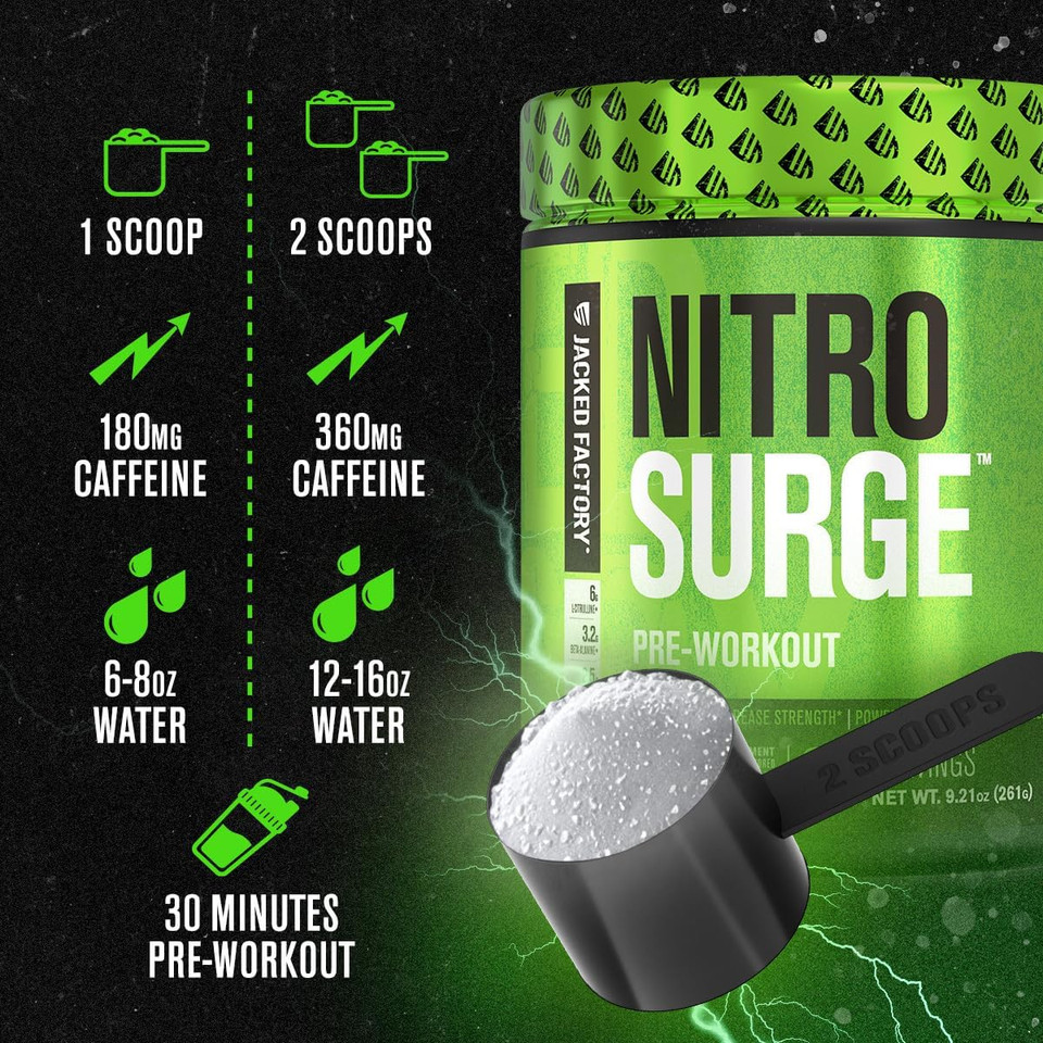 Jacked Factory Nitrosurge Pre Workout Supplement - Endless Energy, Instant Strength Gains, Clear Focus, Intense Pumps - No Booster & Preworkout Powder With Beta Alanine - 30 Servings, Cherry Limeade
