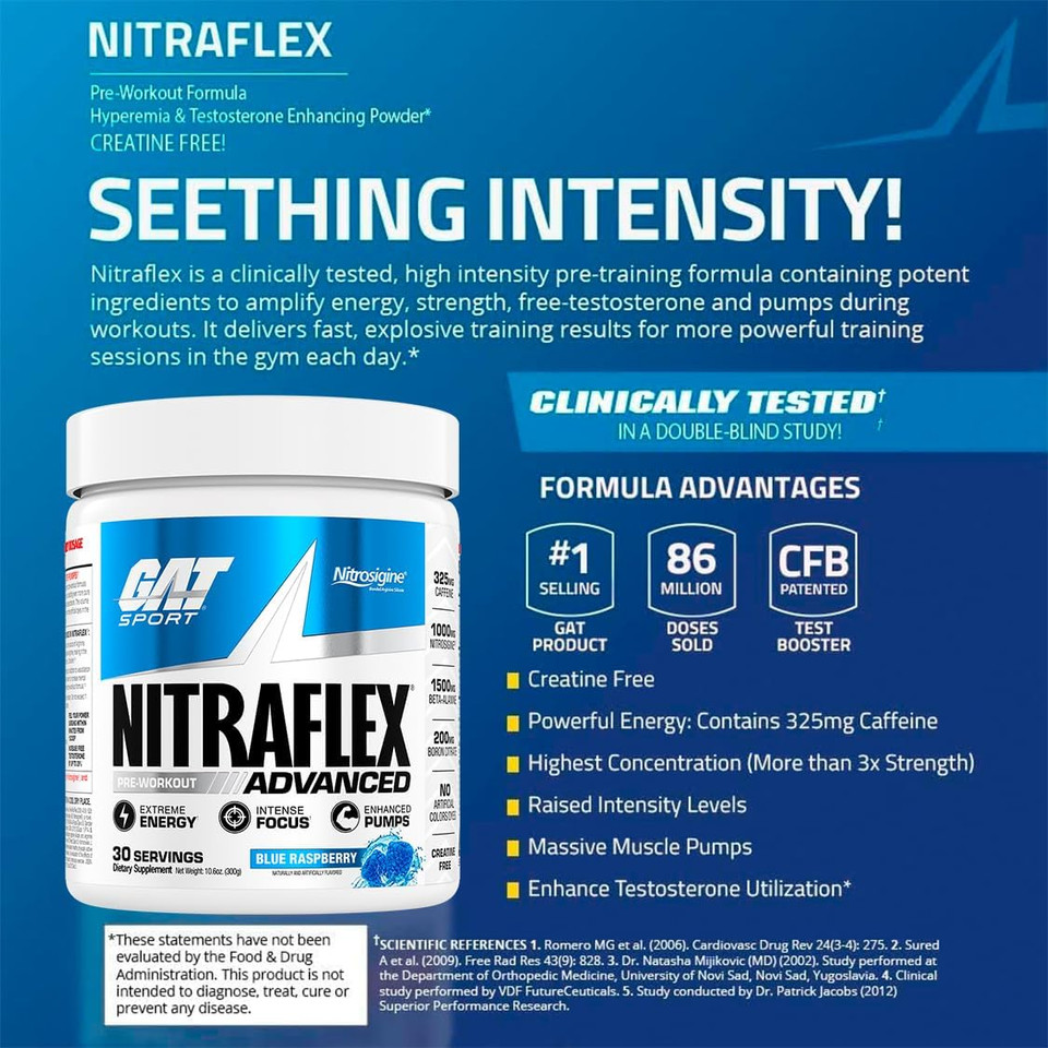 Gat Sport Nitraflex Advanced Pre-Workout Powder, Increases Blood Flow, Boosts Strength And Energy, Improves Exercise Performance, Creatine-Free (Watermelon, 30 Servings)