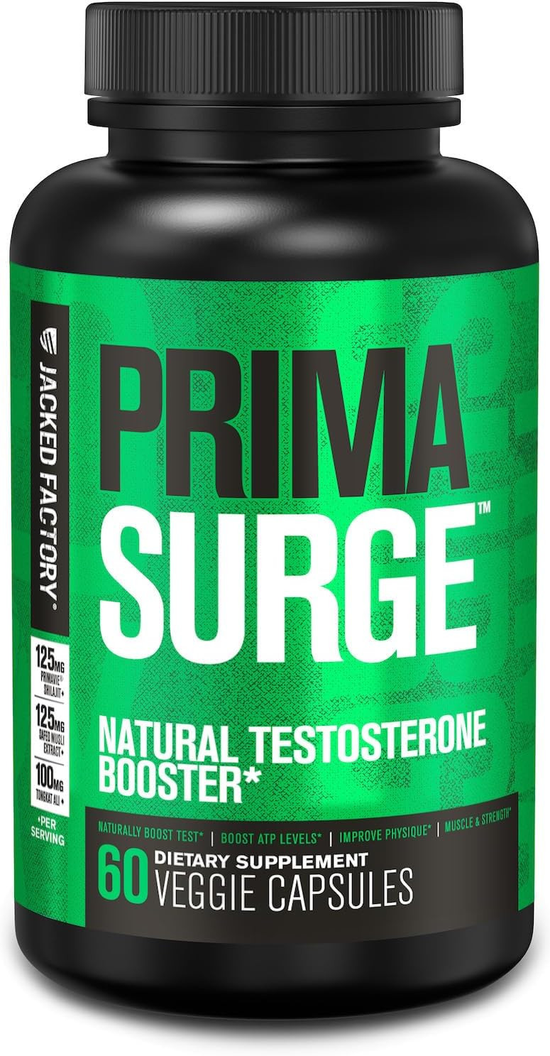 Jacked Factory Testosterone Booster For Men Primasurge - W/Tongkat Ali, Primavie, Ashwagandha - Boost Vitality, Muscle Growth & Energy | Natural Test Booster Supplement - 60 Veggie Pills