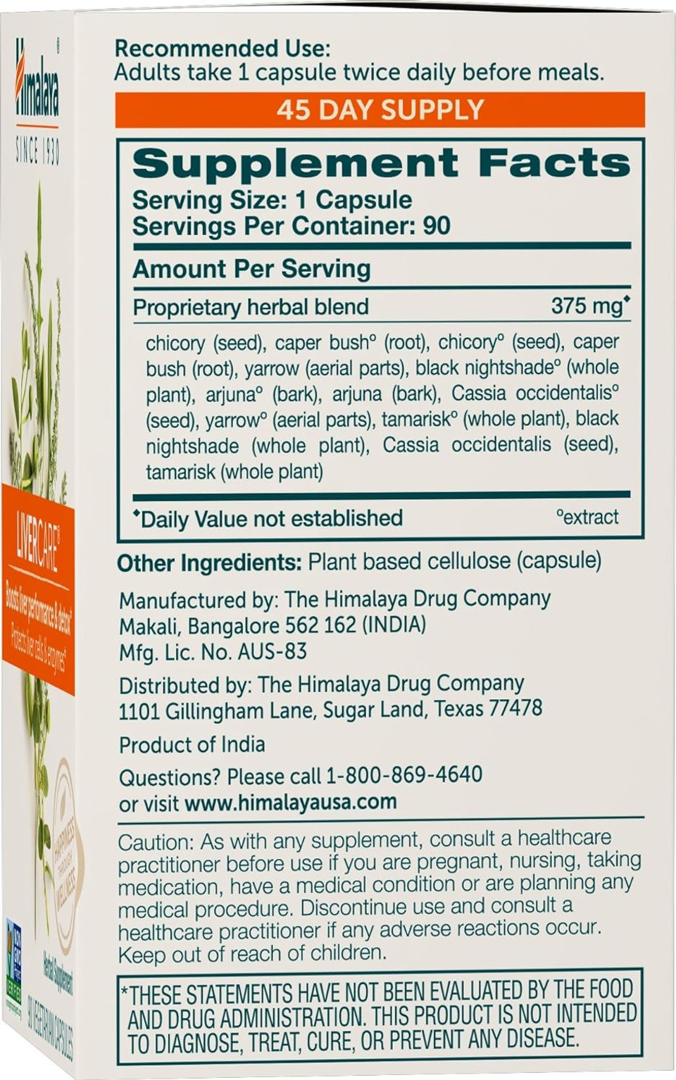 Himalaya LiverCare Herbal Supplement, Liver Cleanse Formula, Liver Support, Bile Production, Eliminates Waste, Cleansing, Vegan, Non-GMO, Herbal Blend Formula, 375 mg, 90 Capsules, 45 Day Supply