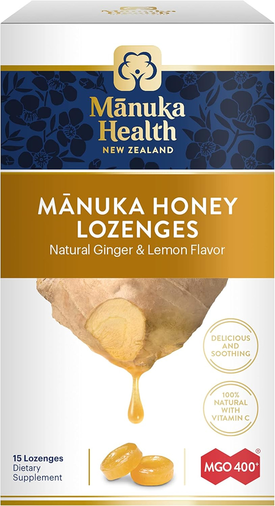 Manuka Health Manuka Honey Lozenges  15 Lemon And Ginger Flavored Lozenges  Natural Throat Lozenges Infused With Raw Manuka Honey And Vitamin C For Immune Support