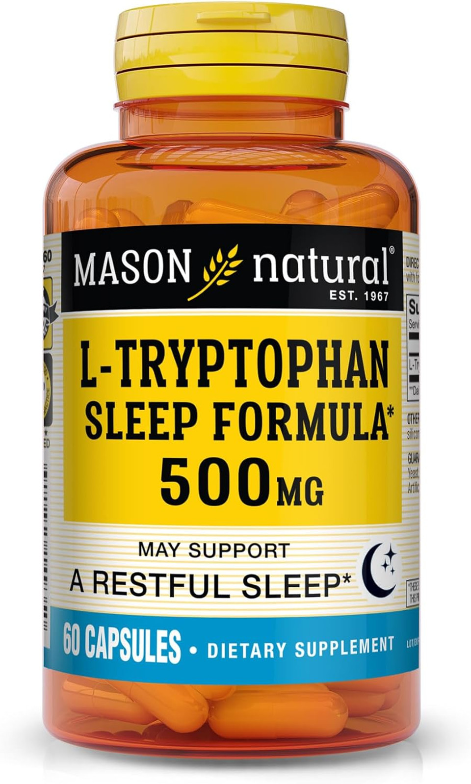 Mason Natural L-Tryptophan Sleep Formula 500 Mg - Essential Amino Acid, Advanced Sleep Aid, Supports Restful Sleep, 60 Capsules