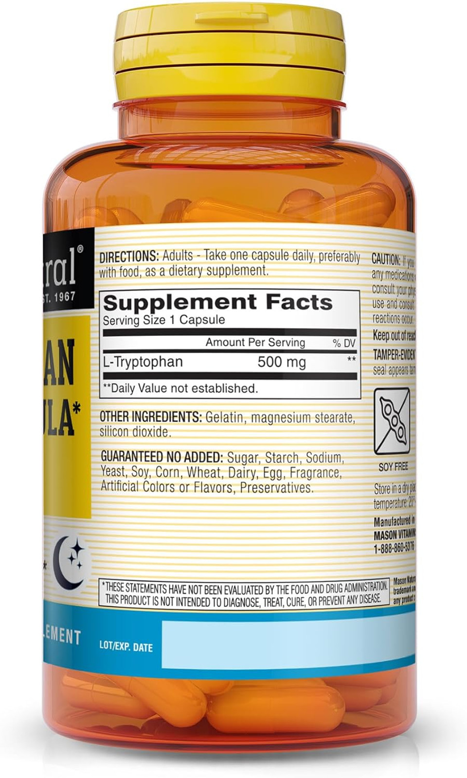 Mason Natural L-Tryptophan Sleep Formula 500 Mg - Essential Amino Acid, Advanced Sleep Aid, Supports Restful Sleep, 60 Capsules